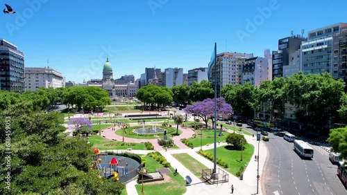 Beautiful aerial footage of the Argentina flag waving, the Palace of the Argentine National Congress, in the city of Buenos Aires, Argentina  photo