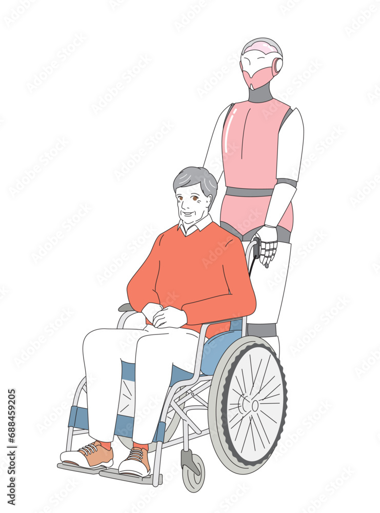 近未来介護ロボットと車いすに乗る高齢者 近未来介護ロボットと車いすに乗る高齢者