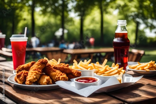Fried chicken nuggets at a park with french fries, ketchup, and cola on a table