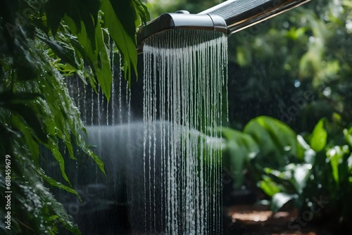 Water rushing from a shower nozzle and frozen water movement in an outdoor shower surrounded by greenery