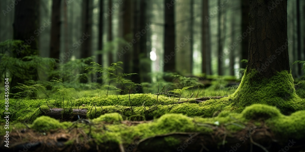 beautiful close-up photo of mossy forest floor - obrazy, fototapety, plakaty 