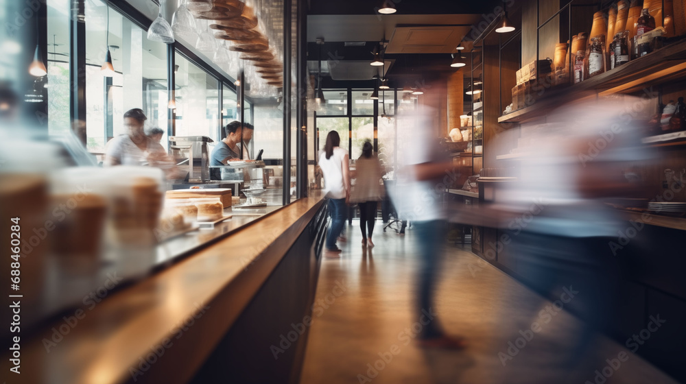 Blurred customers walking fast movement in coffee shop light cream, Blurred restaurant background