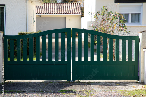 portal double street suburb home steel green metal retro house gate garden access door