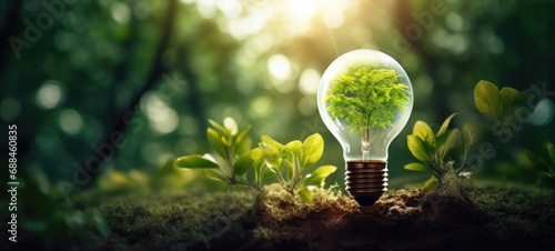 Light bulb in the middle of a forest, with greenery inside of it