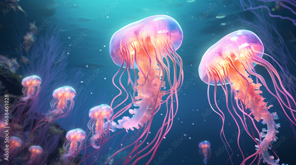 A group of jellyfish swimming over a coral