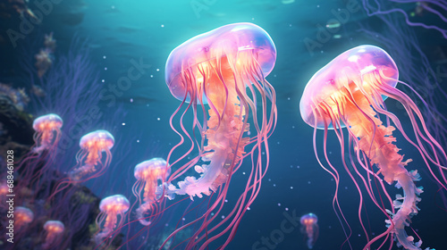 A group of jellyfish swimming over a coral