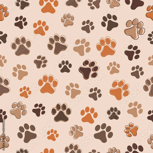 Paw animal print silhouettes. Seamless pattern with paws