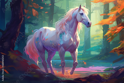 painting style landscape background  a horse in the forest