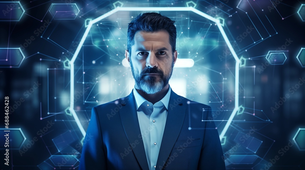 Business man stand in front of a futuristic hologram screen Business man stand in front of a futuristic hologram screen