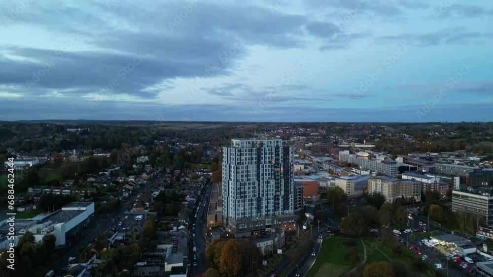 Aerial View of Illuminated Central Hemel Hempstead City of England UK. Footage Was Captured at Just After Sunset From Altitude of Drone's Camera Aerial View of Illuminated Central Hemel Hempstead City of England UK. Footage Was Captured at Just After Sunset From Altitude of Drone's Camera