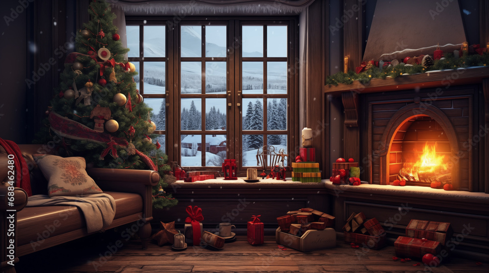 Christmas season. Winter. Warm room with fireplace, well decorated Christmas tree, and presents.