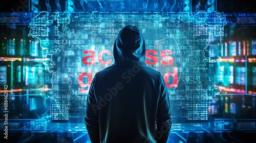 A hacker stand in front of a big glowing hologram screen. Data Breach. Cybersecurity.