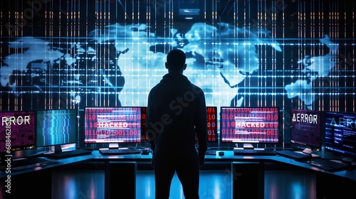 A man stand in front of a big screen with world map on it and next to many computers. Data Breach Response. Cybersecurity Team.