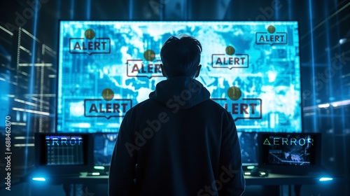 A cybersecurity expert stand in front of a big glowing hologram screen with alert message. Data Breach. photo