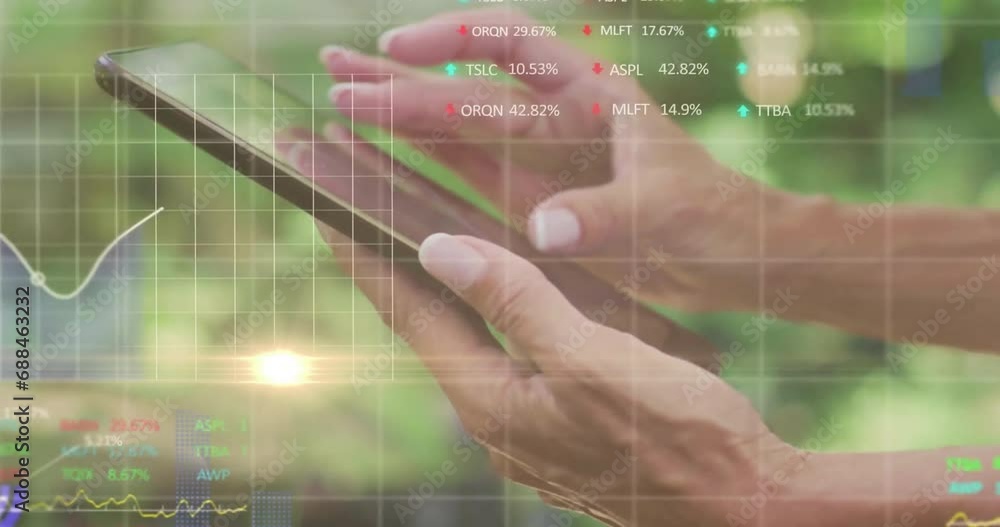 Animation of financial data processing over caucasian woman using tablet and grid Animation of financial data processing over caucasian woman using tablet and grid