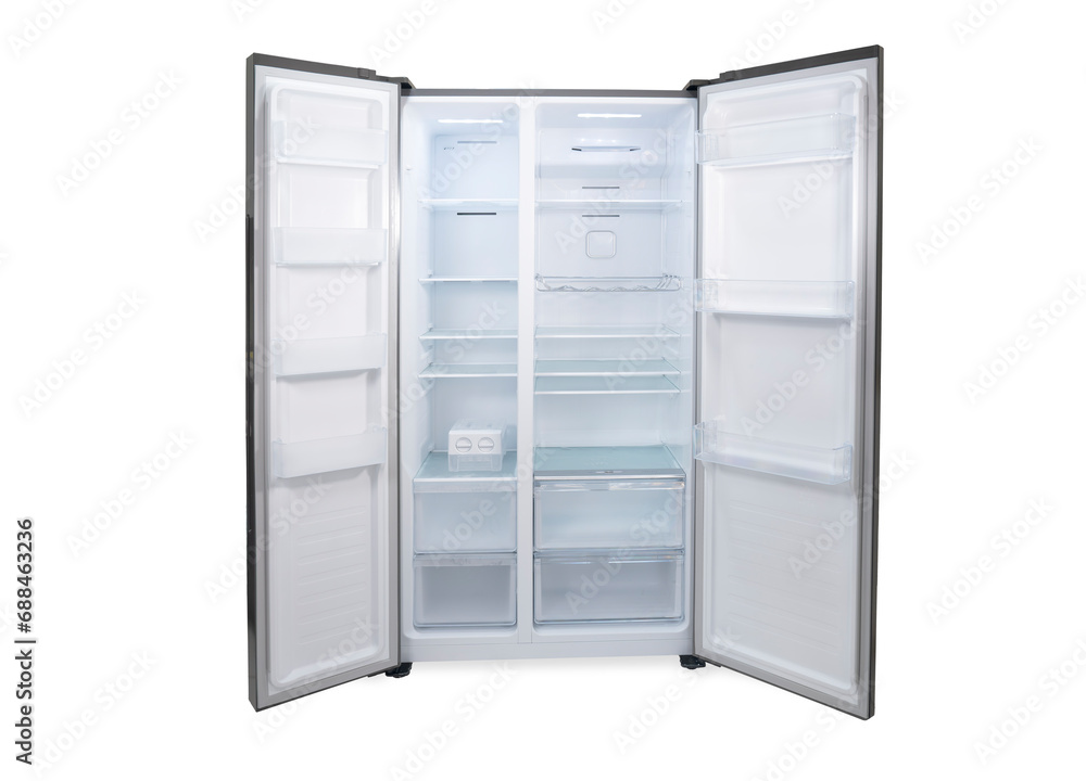 Empty refrigerator with open door Inside an empty, clean refrigerator, a refrigerator compartment after defrosting isolated over white Empty refrigerator with open door Inside an empty, clean refrigerator, a refrigerator compartment after defrosting isolated over white