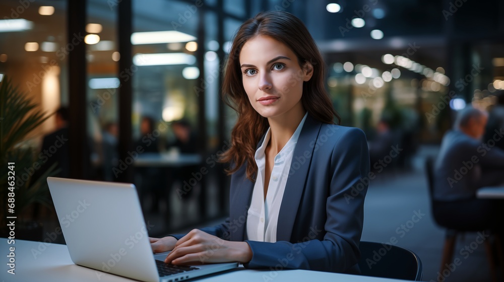 a businesswoman sitting at a table using a laptop computer a businesswoman sitting at a table using a laptop computer
