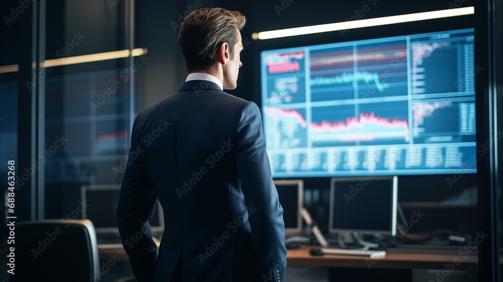 a man in a suit looking at a computer screen with graph and chart for business data analysis. a man in a suit looking at a computer screen with graph and chart for business data analysis.
