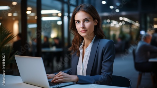 a businesswoman sitting at a table using a laptop computer