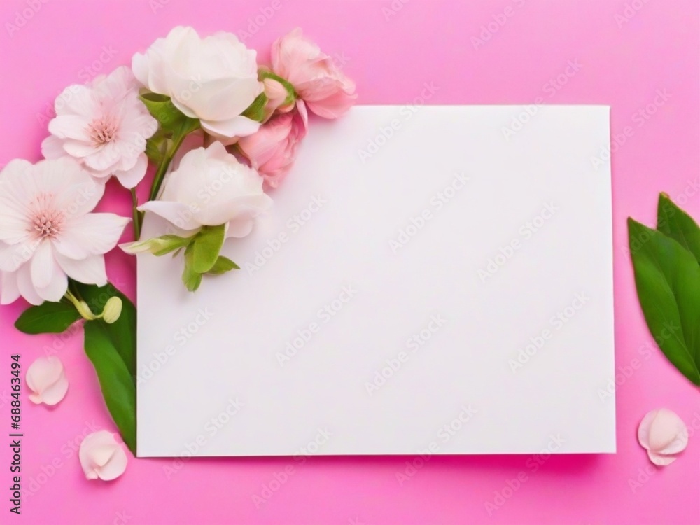 White blank greeting card on the pink background with flowers, love letter