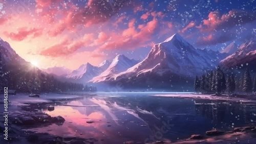 Winter nature landscape, Lake and mountains at sunset and falling Snowflakes. seamless looping time-lapse virtual 4k video animation background. Generated with AI photo