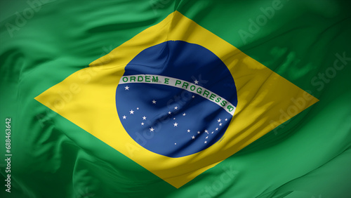 Close-up view of Brazil national flag fluttering in the wind.