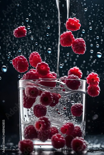 Product photography featuring small raspberries falling into a glass of clear filtered water. Macro detail.