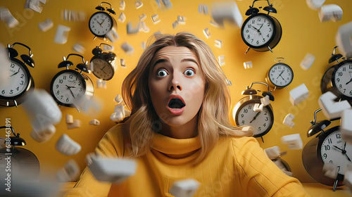 A young girl with a surprised expression, alarm clocks around