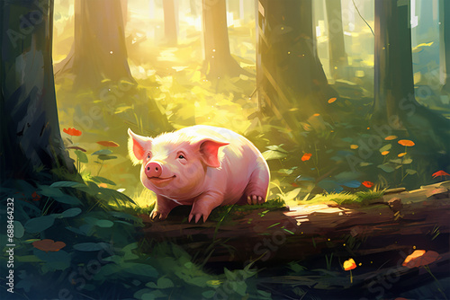 painting style landscape background  a pig in the forest