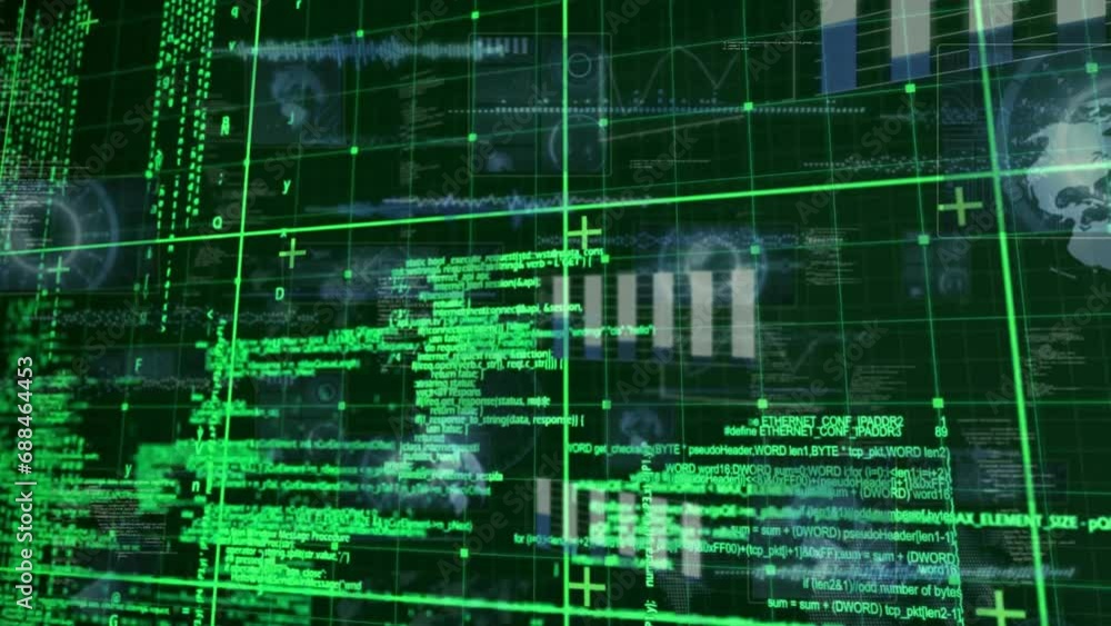 Animation of data processing over globe and grid Animation of data processing over globe and grid