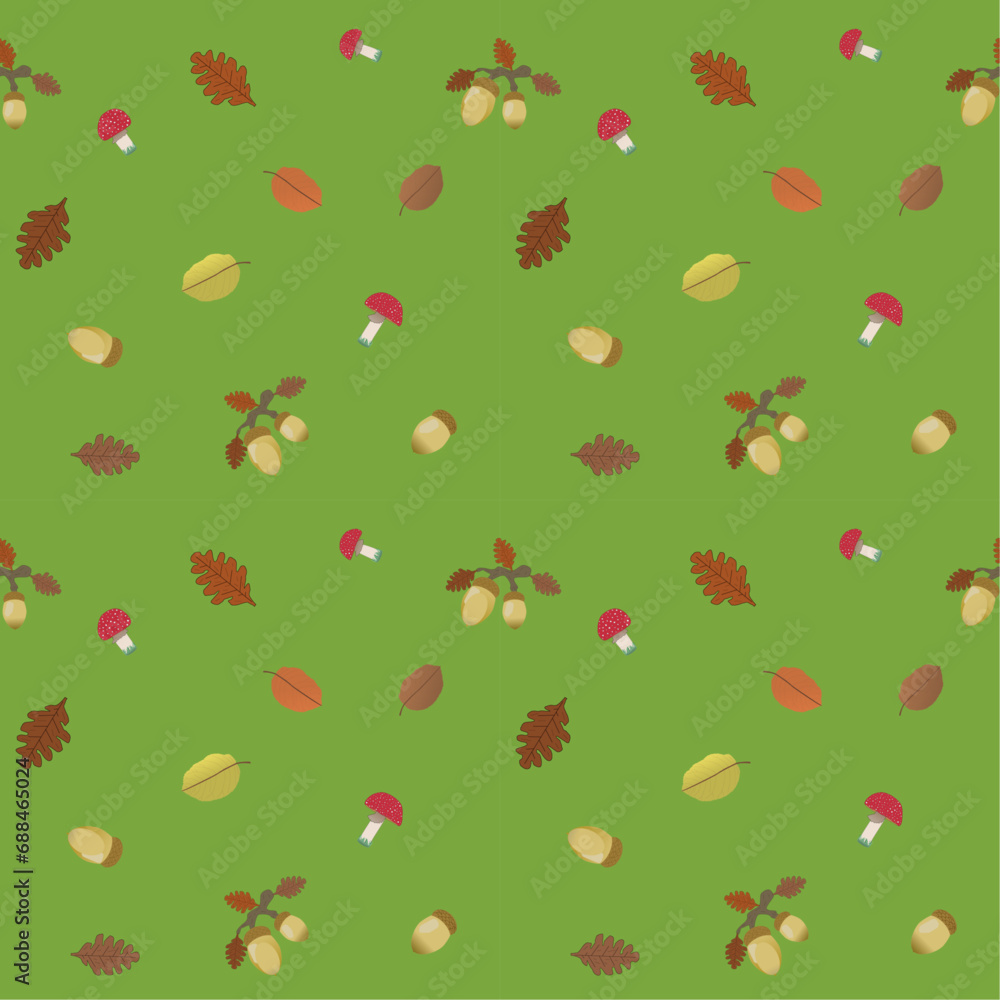 Oak and fall leaves, acorns and fly agaric on a green background, fall. Vector pattern Oak and fall leaves, acorns and fly agaric on a green background, fall. Vector pattern
