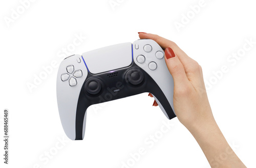 Female hand hold a gamepad on transparent background PNG