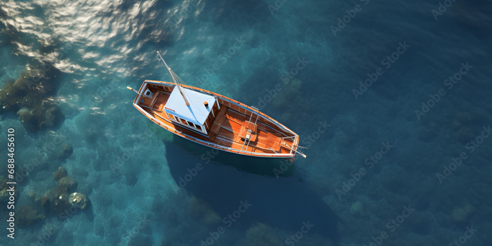 Beautiful summer seasonal photograph. Small boat in the archipelago with lots of colors and lights. Photo taken from above