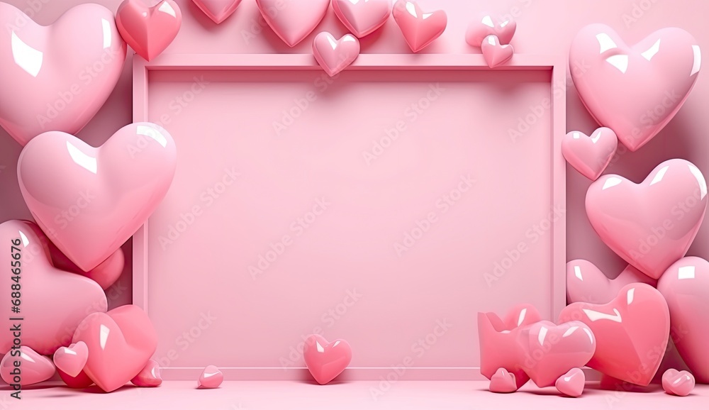 Frame with Balloons and Gifts, Happy Valentine's Day Decoration on Pink Background.