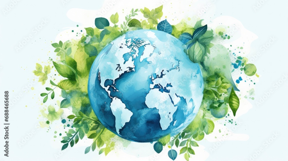 Watercolor Earth with Green Leaves. Celebrating World Earth Day and World Environment Day.