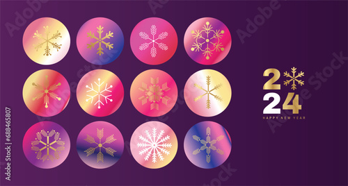 Merry Christmas and Happy New Year 2024  holiday template golden design banner, poster, card, cover  Gifts,  ball toy, christmas tree, snowflake  Modern Xmas flat geomerical vector illustration