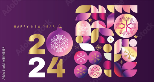 Merry Christmas and Happy New Year 2024  holiday template golden design banner, poster, card, cover  Gifts,  ball toy, christmas tree, snowflake  Modern Xmas flat geomerical vector illustration