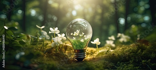 Light bulb in the middle of a forest, with greenery inside of it
