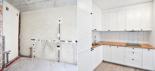 Canvastavla Comparison of old room before restoration and new renovated kitchen with parquet floor and kitchen furniture