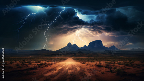 A lightning storm over a desert landscape