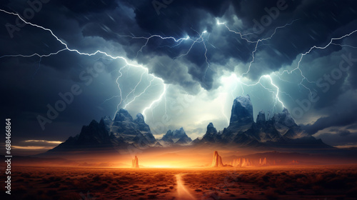 A lightning storm over a desert landscape