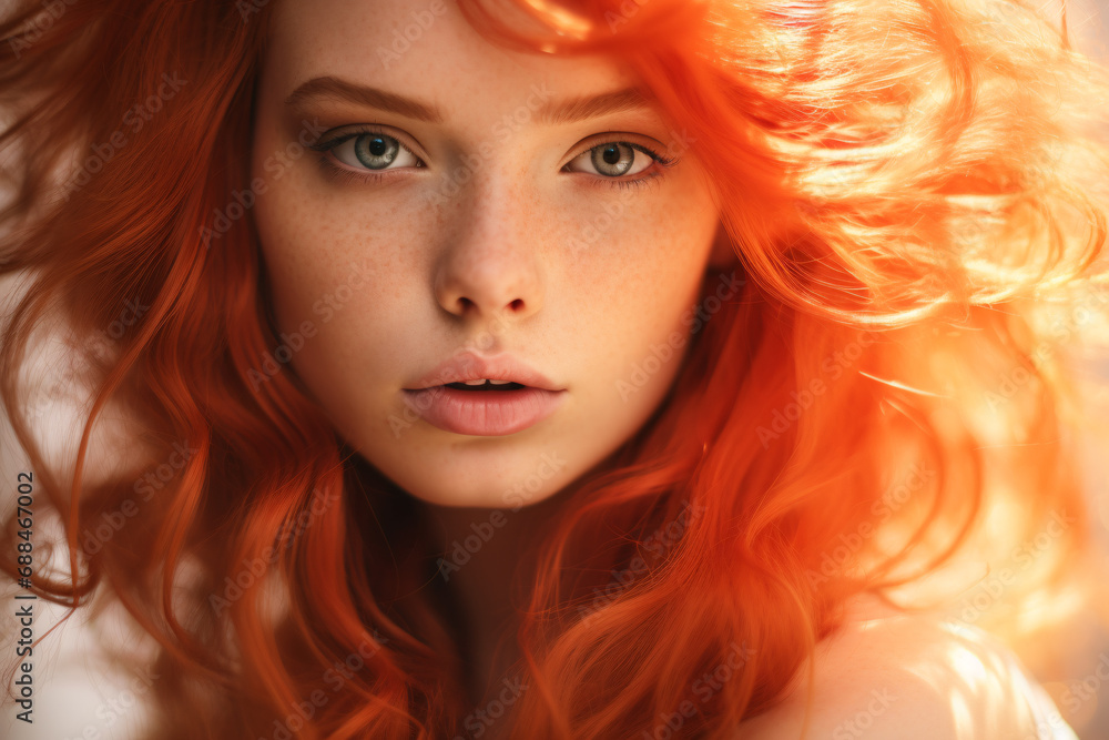 Obraz premium Young woman with freckles and fire red hair