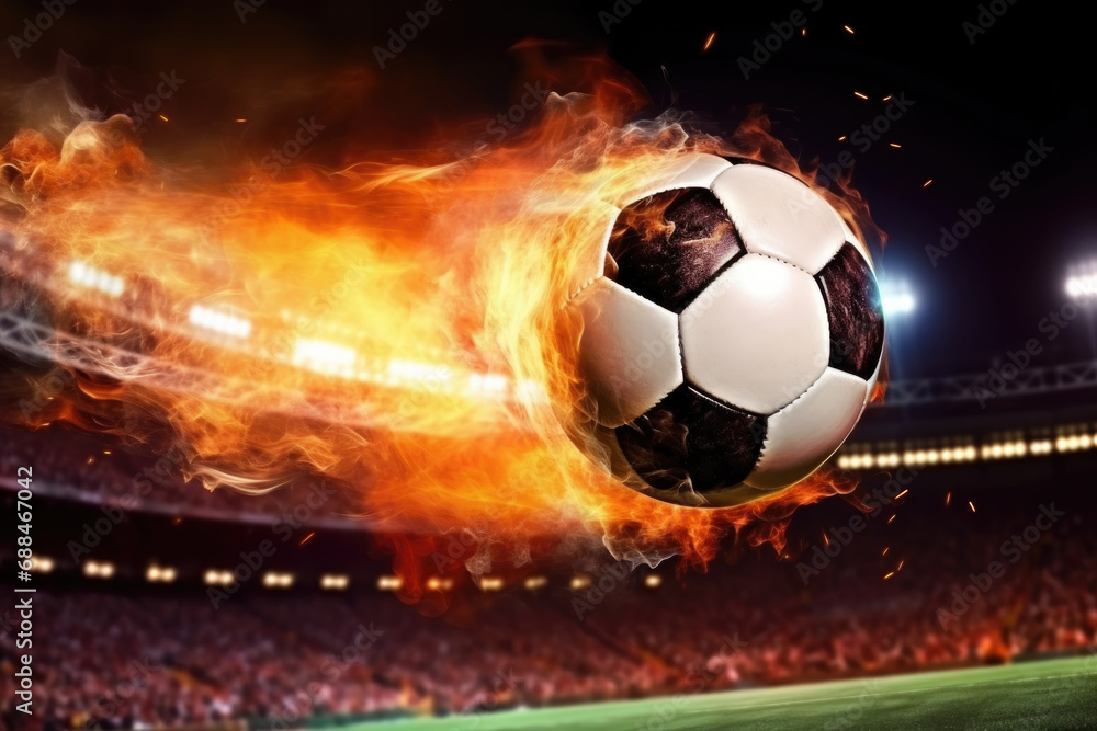 fiery soccer ball flying in a stadium full of spectators, night time