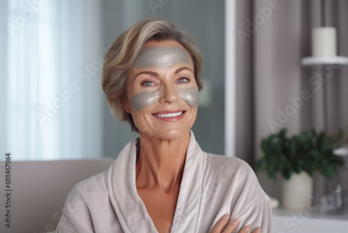 Beauty portrait of a smiling middle aged woman for spa beauty and skincare with mask in beauty studio with modern interior photo