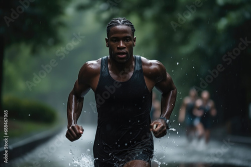 Focused african man athlete triathlon running in rain © ty