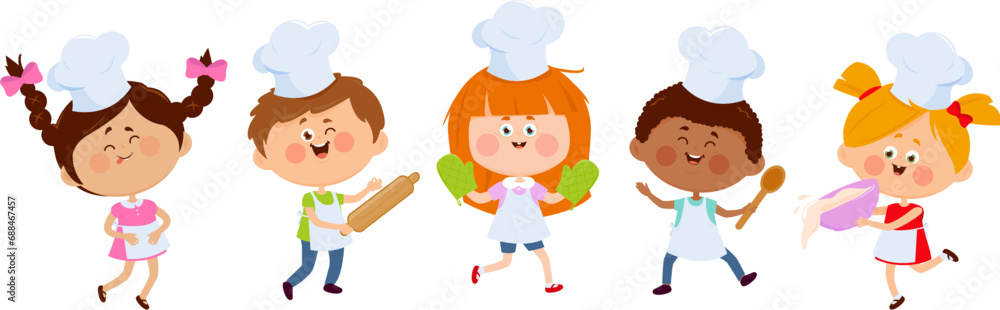 Children, boys and girls with cooking hats. Diverse group of children chefs with different hairstyles and skin colors holding cooking utensils. Vector illustration Children, boys and girls with cooking hats. Diverse group of children chefs with different hairstyles and skin colors holding cooking utensils. Vector illustration