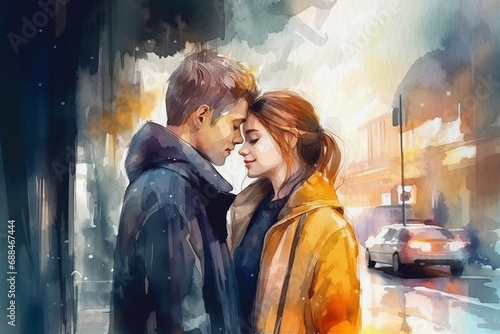 Happy young couple, guy and girl on city street, watercolor painting on textured paper. Digital watercolor painting © Iryna