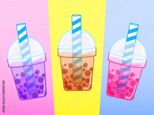 Bubble Tea or Coffee Drinks Isolated on White Background. Pearl Milk Tea, Boba Yummy Beverages in Glass or Plastic Cups with Straw, Graphic Design Collection, Cartoon Vector Illustration