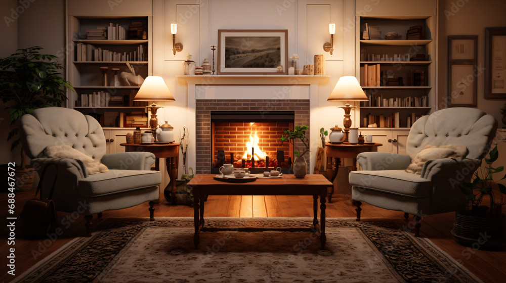 A living room with a fire place