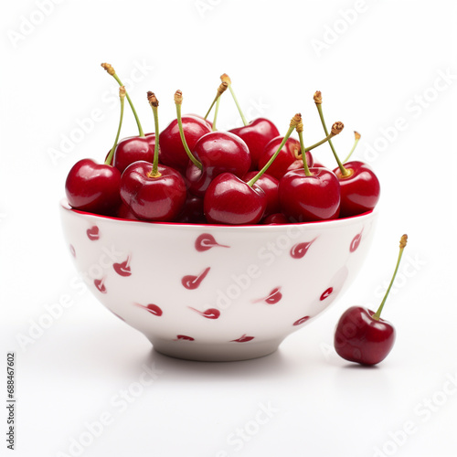 Bowl with red cherries on white background, ai technology